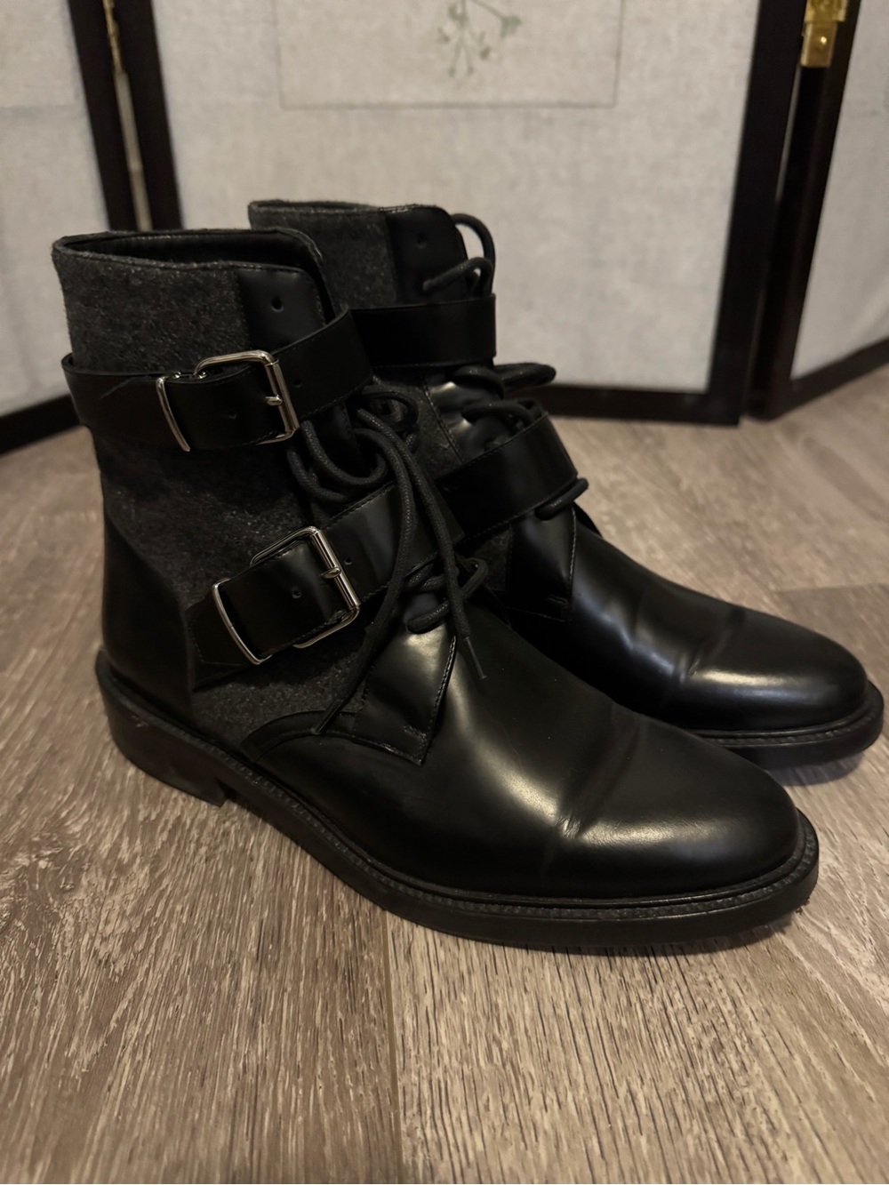 Burberry Black Leather & Gray Wool Buckle Combat Boots